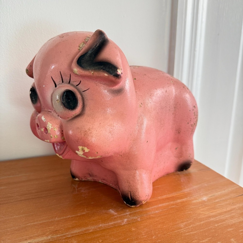 Vintage A.N. Brooks Pink Pig Piggy Bank Mose Mart Chicago, IL Chalkware FLAWS